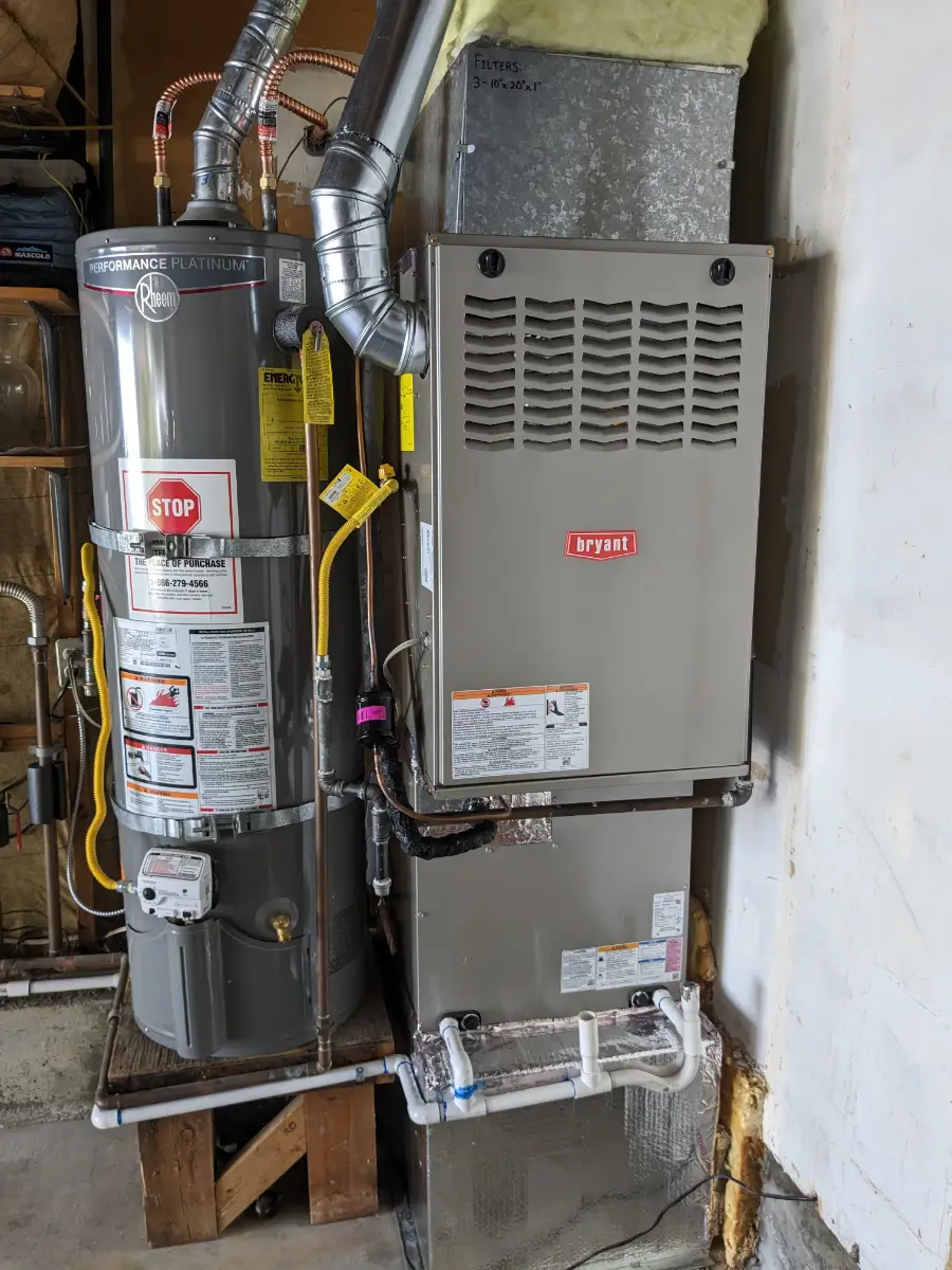 A gas furnace and water heater in the corner of a room.